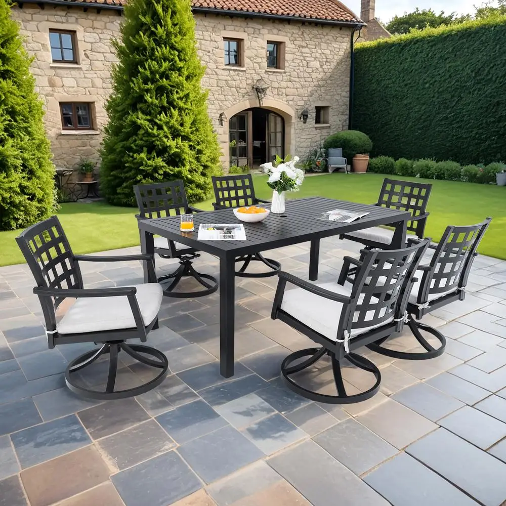 

7-компонентный литой алюминиевый обеденный набор для патио, поворотные стулья-качалки, прямоугольный стол, устойчивые к атмосферным воздействиям подушки для солнцезащитных зонтов, уличный черный цвет