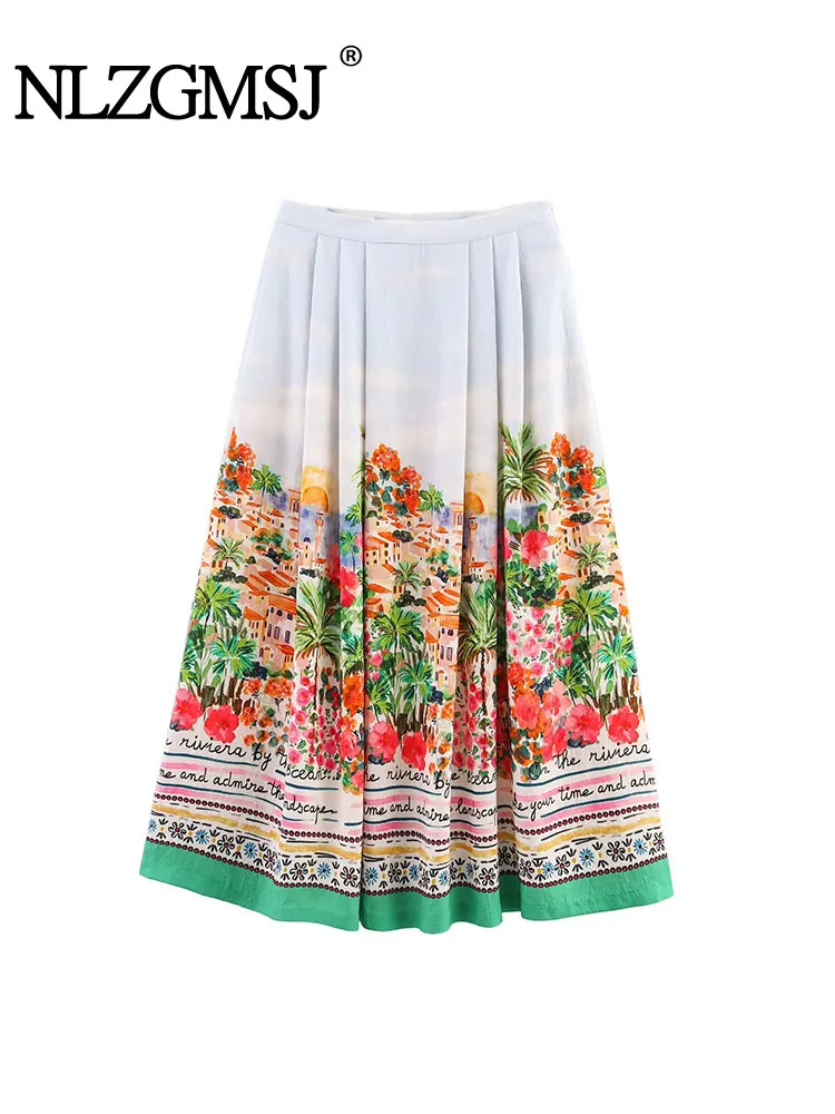 

2025 Summer Vintage Casual Chic Women Skirt Print Pleated Side Zip Long Skirt Fashion Holiday Skirts