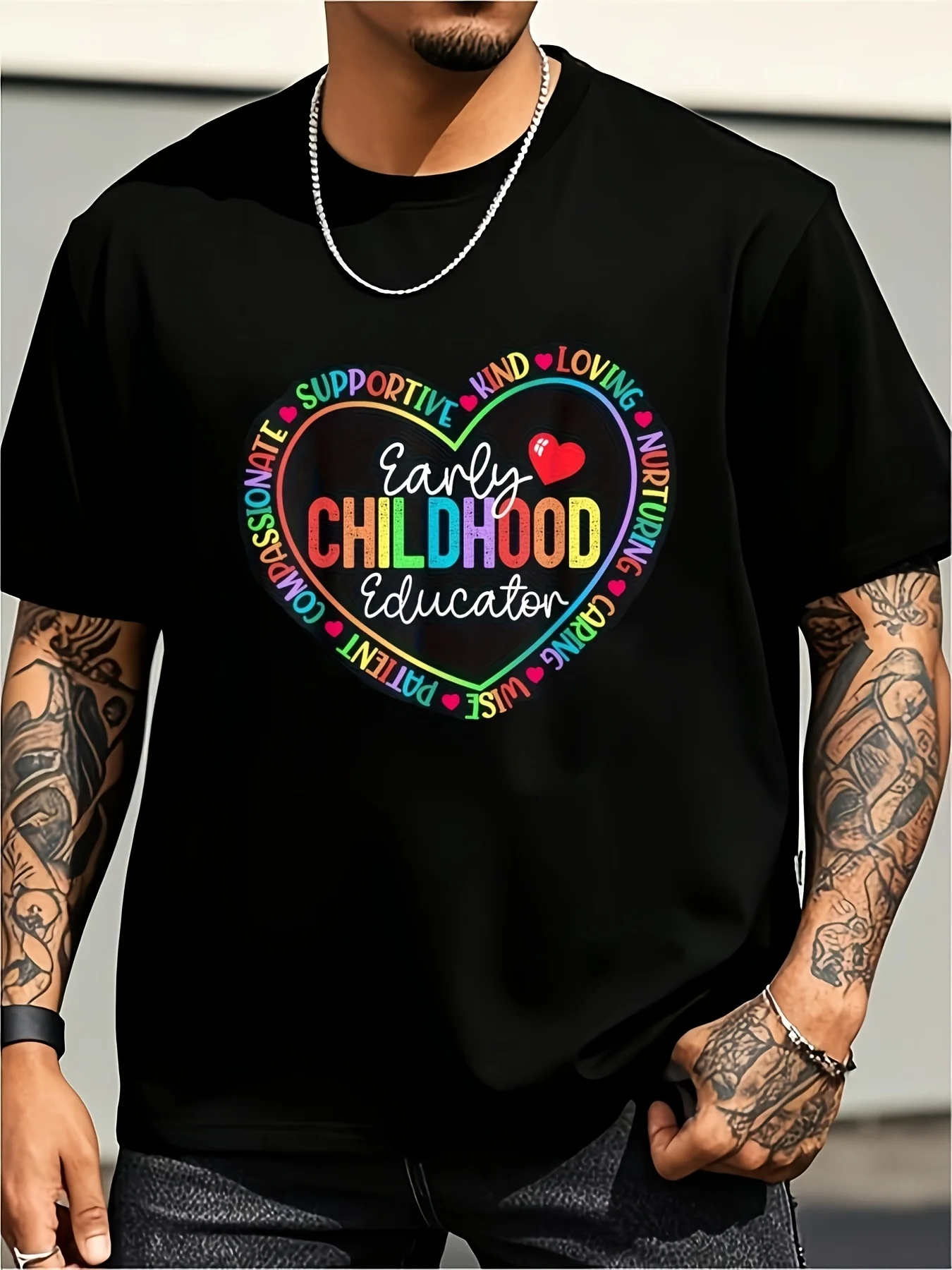 Adult Rayon T-Shirt for Early Childhood Education Professionals, High-Elastic Rayon Round-Neck Casual Printed T-Shirt, Colorful Educational Design, Comfortable Everyday T-Shirt Suitable for All Seasons, Energetic Top, Large Size Retro Casual Round-Neck Printed T-Shirt, Unisex, Plus Size