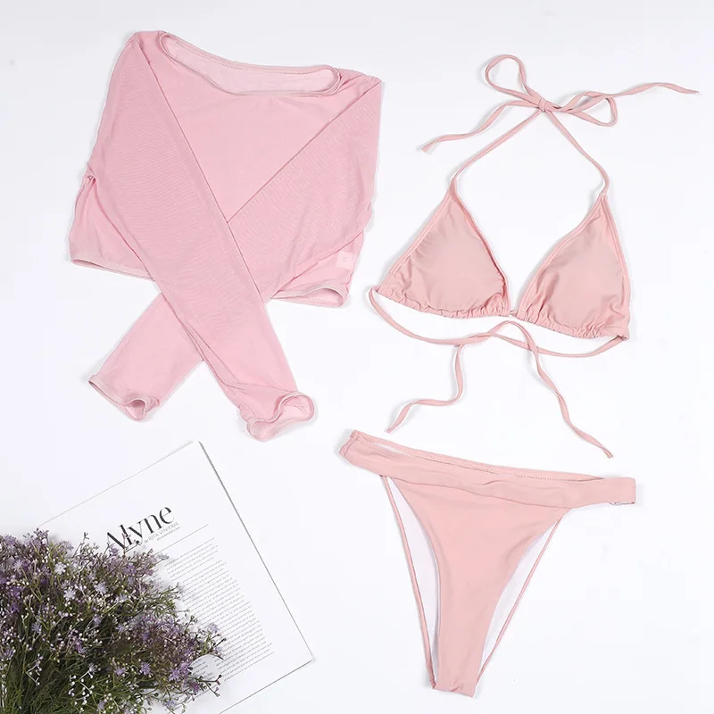 2024 Nieuwe 3 Stuks Set Badpak Vrouwen String Badmode Vrouw Sexy Micro Bikini Set Met Lange Mouwen Zwart Strandkleding Badpak