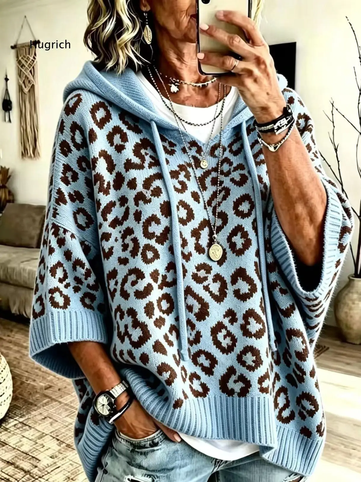 Half Sleeve Knit Hooded Pullover For Women Leopard Pattern Drawstring Hood Relaxed Fit Top For Dating And Daily Matching Scenes
