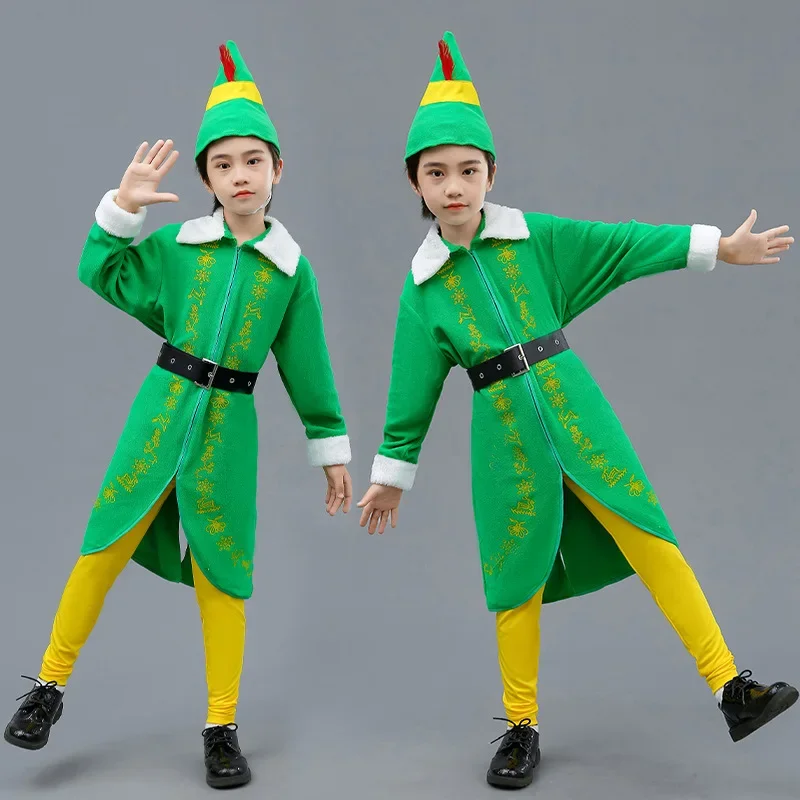 Christmas Children Costumes Princess Dress Warm Elf Cosplay Outfits Xmas Girls Boys Dance Role Play Stage Performace Full Set