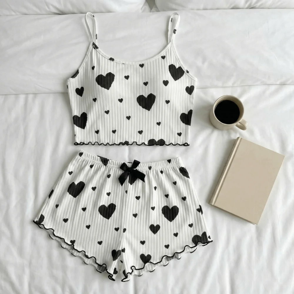 

Повседневный женский пижамный комплект с сердечками и бантом, летний, из двух предметов: майка и шорты, для дома и сна