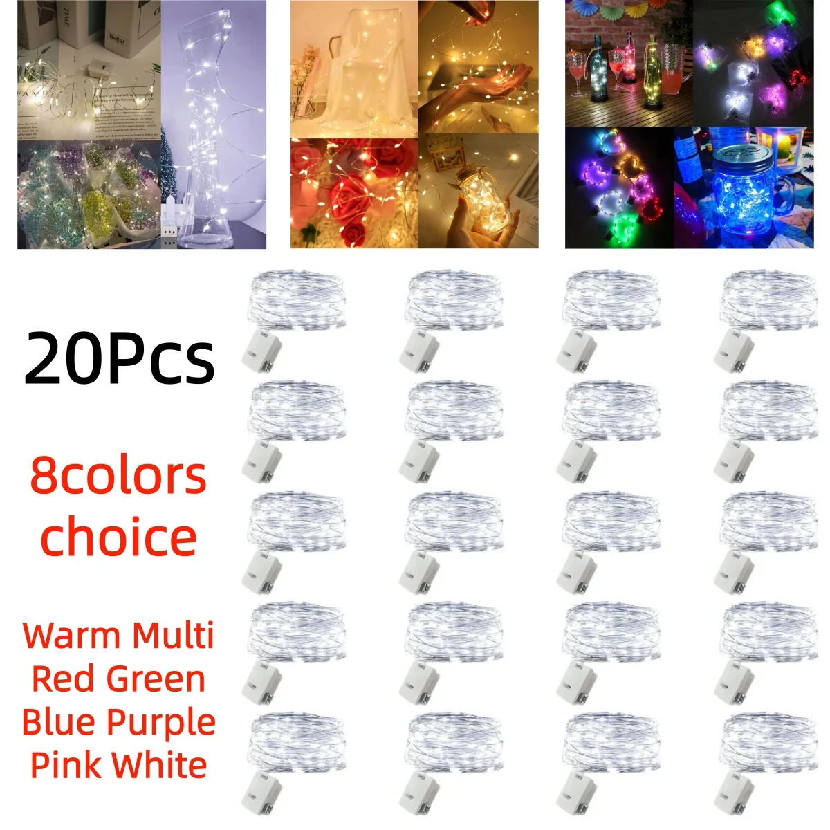 20Pcs 8colors Fairy Lights LED String Lights Atmosphere Colored Light Battery Powered For Christmas Outdoor Room Festival Decor