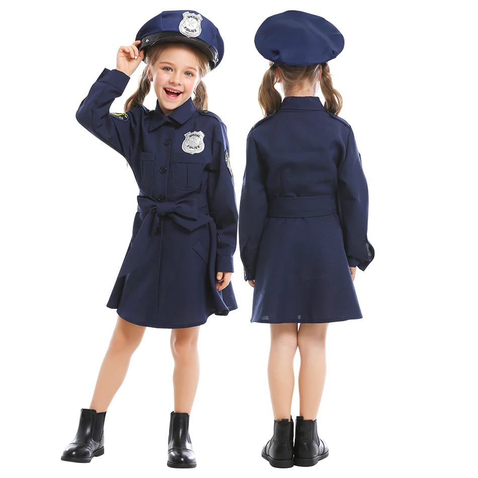 Stylish Girls Halloween Police Outfit Dress Up Kids Stage Performance Cosplay  Long Sleeves Uniform Dress Girls Dresses