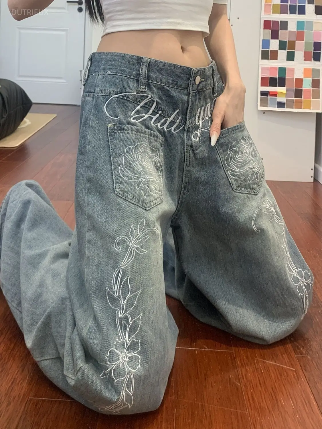 American Vintage Flower Embroidery All Match Long High Waist Korean Loose Jeans