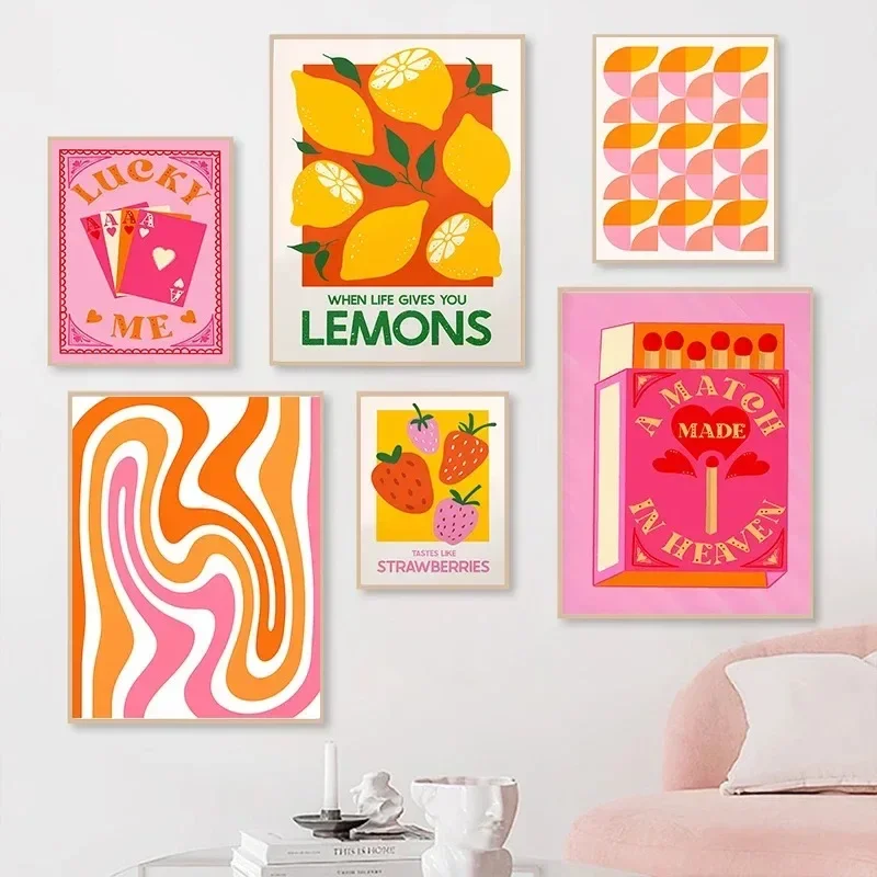 Pink Strawberry Lemon Card Cocktails Drink Canvas Painting Posters and Prints Wall Art Picture for Living Room Decoration