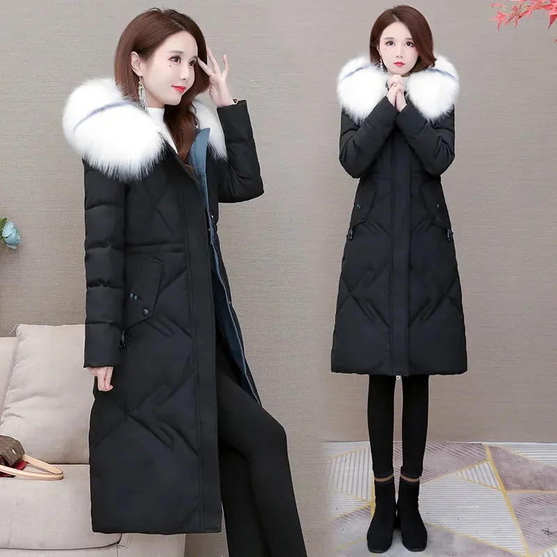 

2023 Winter Women Jacket Long Parkas Female Down Cotton Fur Collar Hooded Overcoat Thick Warm Jackets Windproof Casual Outwear