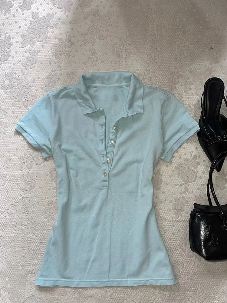 

Blue ort Sve irt Original Design Slim Fit Women's T-irt Waist-Cinching Summer Casual Wear Cotton Blend