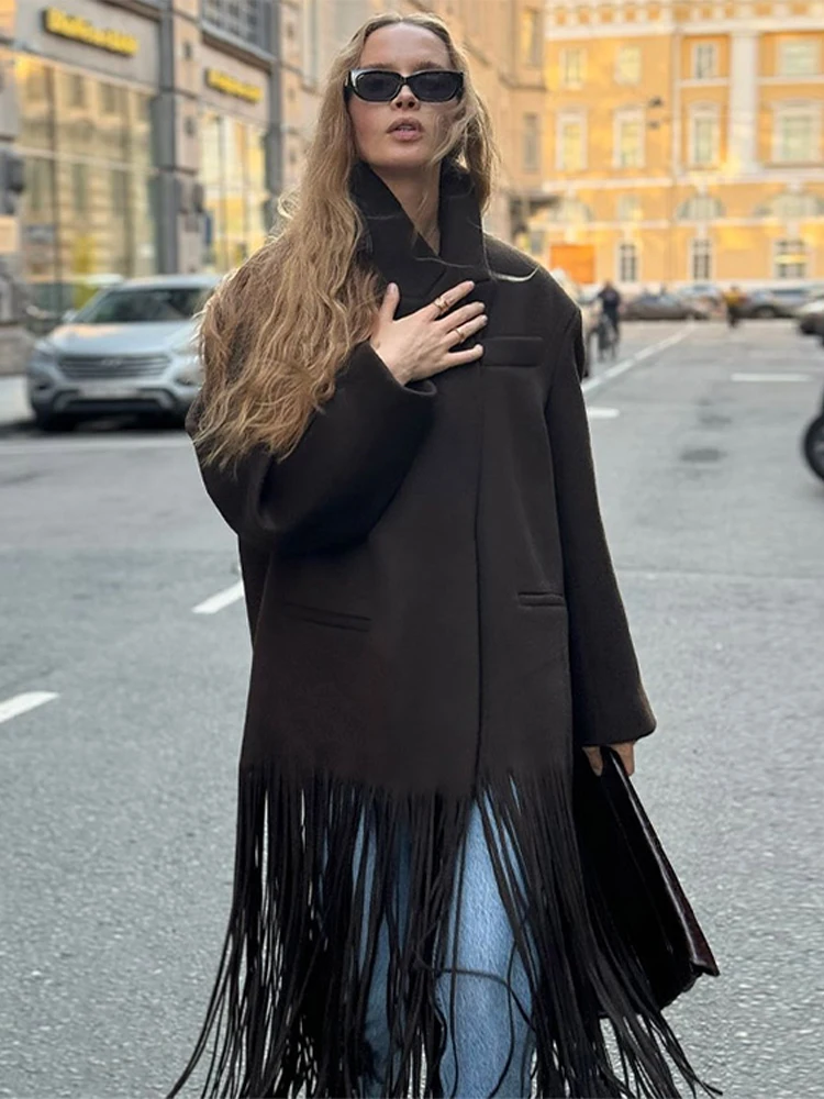 

Fashion Solid Color Tassel Hem Women Windbreak Turn-down Collar Long Sleeve Female Coat 2025 Spring Loose Pockets Lady Overcoat