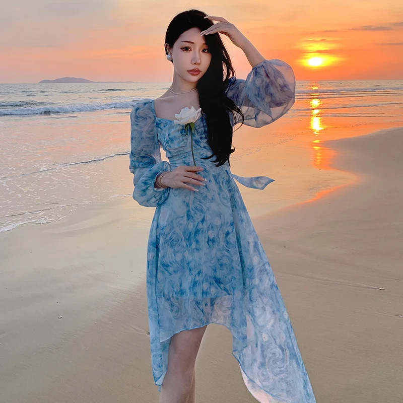 

Factory Summer French Style Puff Sleeve V-Neck Backless Tie-Dye Printed Long Sleeve Puff Ball Holiday Dress for Women