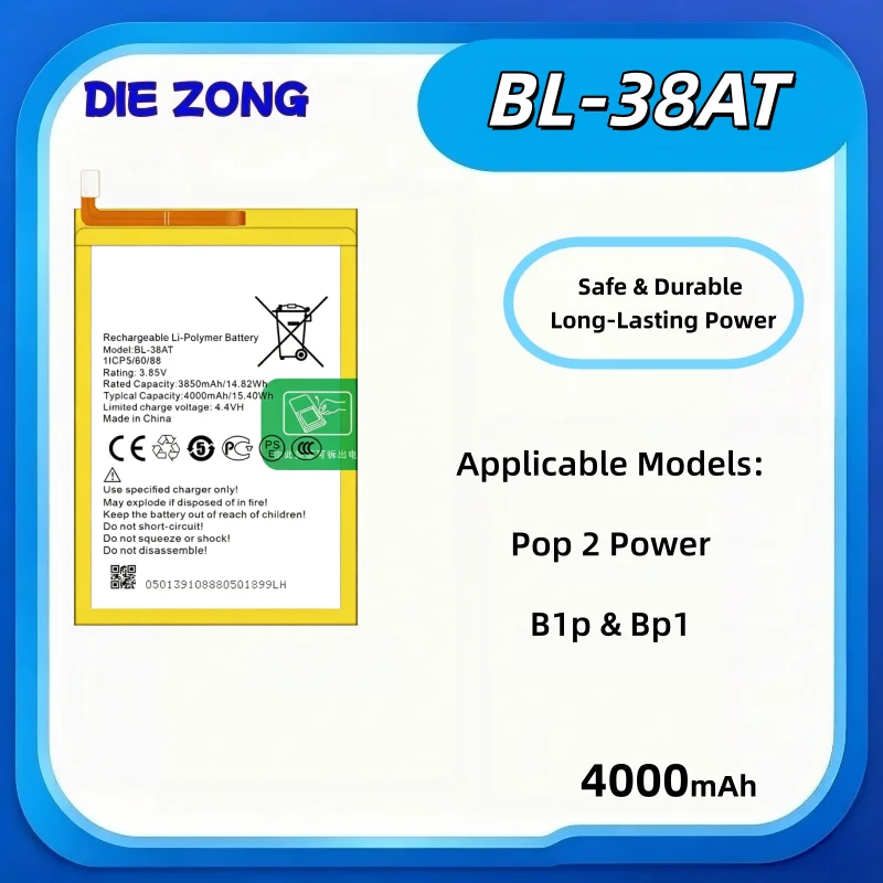 2026 New BL-38AT for Tecno Transsion Pop 2 Power/B1P/Bp1 Mobile Phone Battery 4000mah Long‑Lasting Battery Life Fast Delivery
