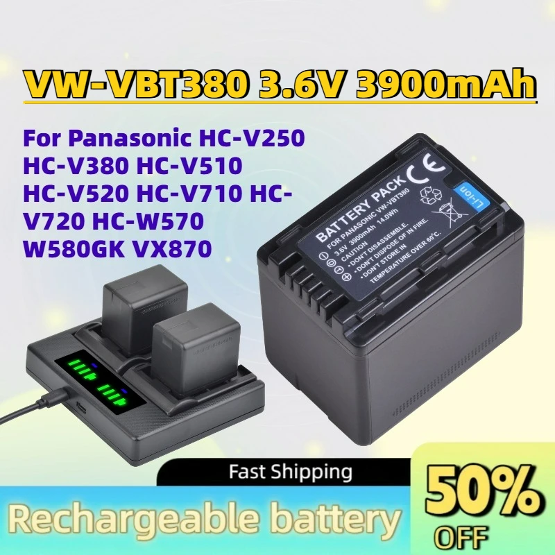 New VW-VBT380 3.6V 3900mAh Battery/Charger for Panasonic HC-V250 HC-V380 HC-V510 HC-V520 HC-V710 HC- V720 HC-W570 W580GK VX870