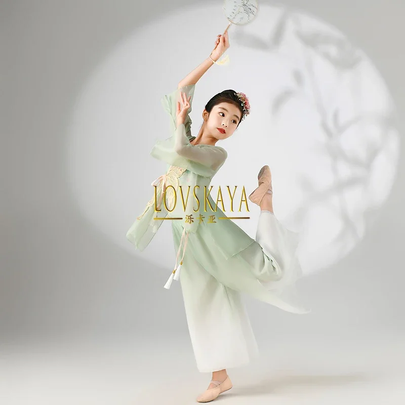 ethnic training clothing Chinese style dance body fan performance clothing Children classical gauze flowing dance clothing