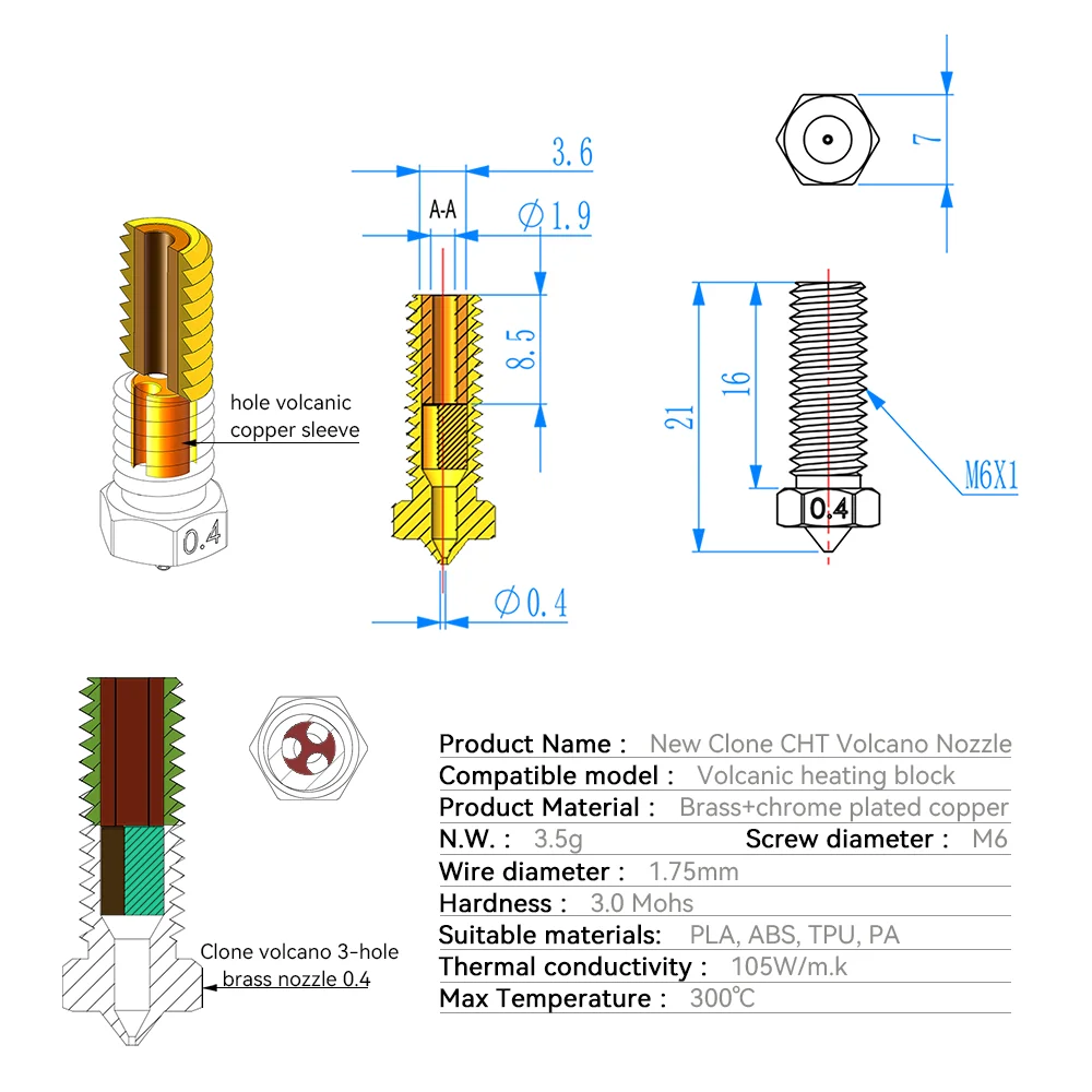 Sidewinder X1& X2 CHT Volcano Nozzle Genius & Genius Pro Artillery 3D Printer 0.4-0.8mm Clone Brass Nozzles 1.75mm Filament