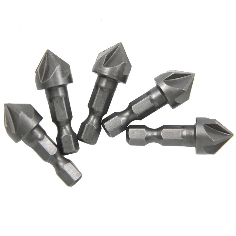 1-6pc 1/2 Hexagonal Shank Five Blade Countersunk Drill 12.5mm 5pc Woodworking Hole Opener Spot Facer Deburring Drill Bit Set