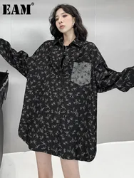 [EAM] Dark Gray Printed Denim Big Size Casual Jacket New Lapel Long Sleeve Women Coat Fashion Tide Spring Autumn 2024 1DH6926