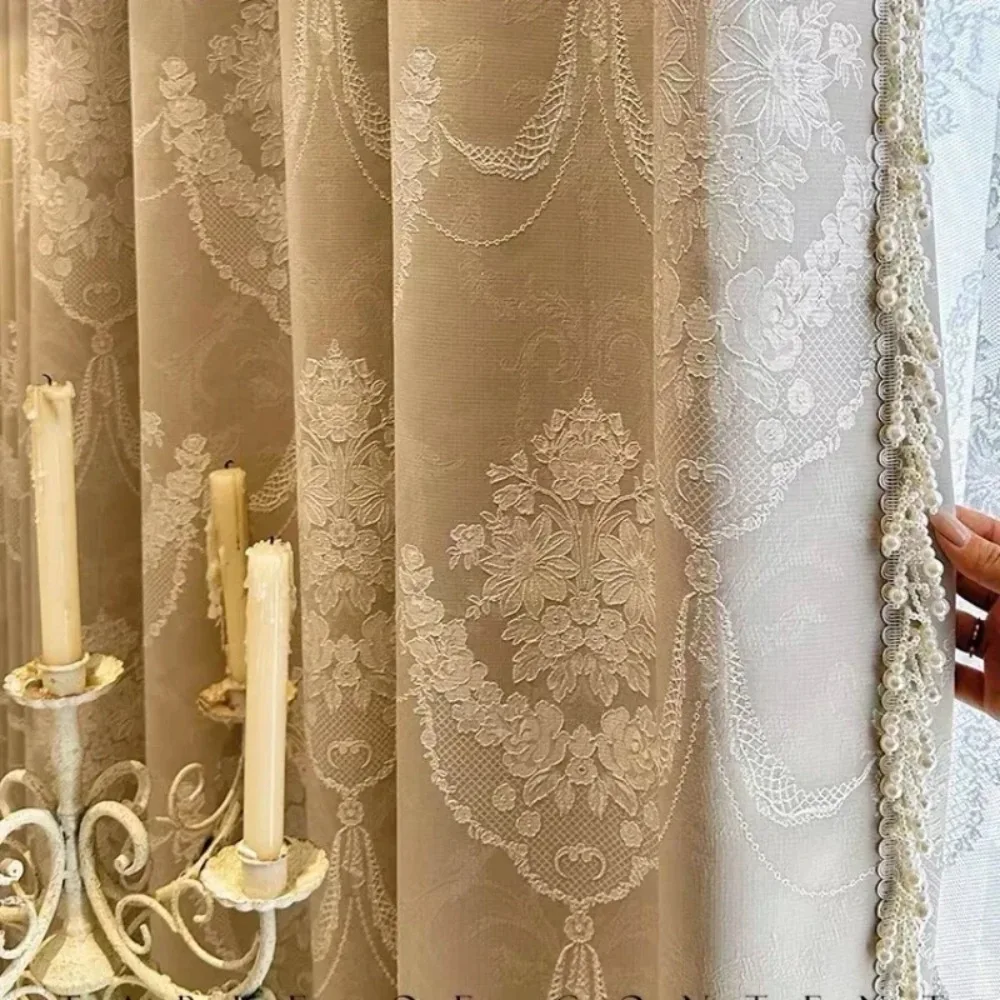 

Пользовательские французские романтические винтажные жаккардовые тисненые кружевные жемчужные роскошные шторы для гостиной, спальни, столовой, белый тюль