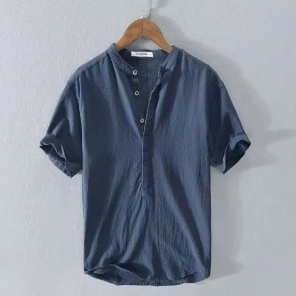 

2025 New Cotton Linen Hot Sale Men Short-Sleeved Shirts Summer Solid Color Turn-down collar Casual Beach Style Plus Size M-5XL