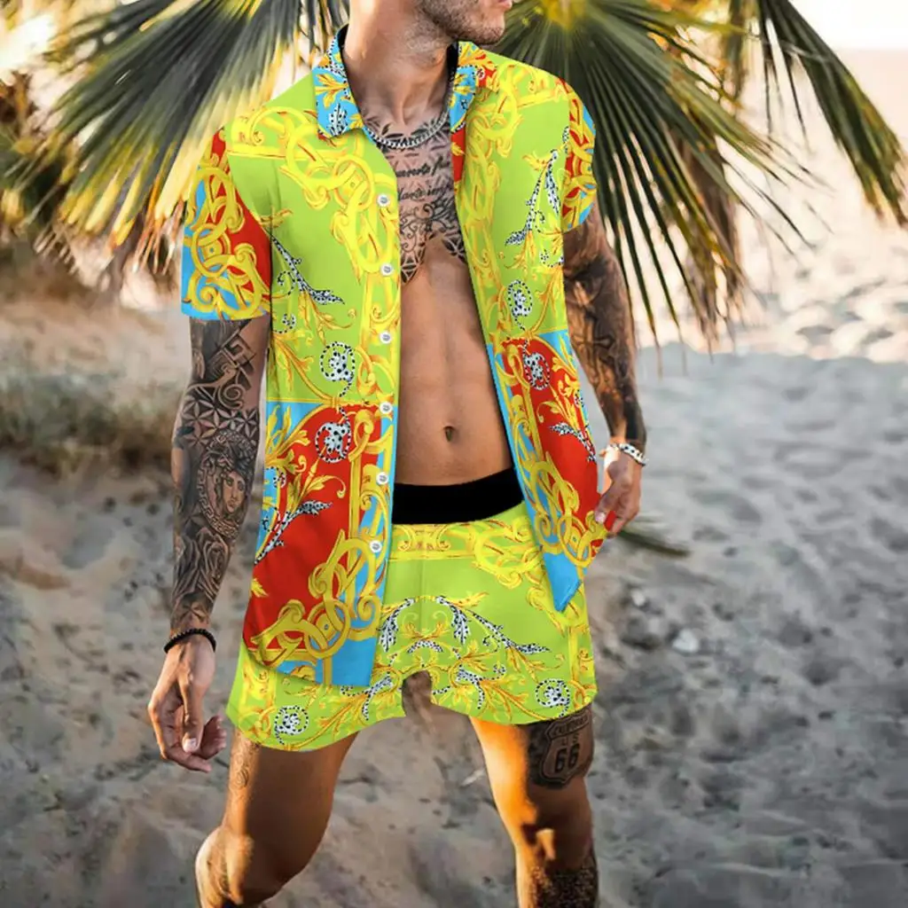 2024 Vintage Men Shirts Sets Summer Golden Horse Print Beach Short Sleeve Shirt Shorts Casual  Trip Mens Hawaiian 2 Piece Suit