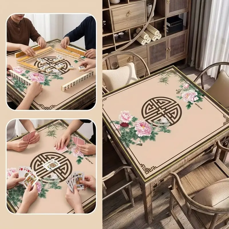 Square Mahjong Table Mat Chinese Longevity Pattern Peony Floral Print Non‑Slip Silent Foldable Game Pad for Home Desktop Decor