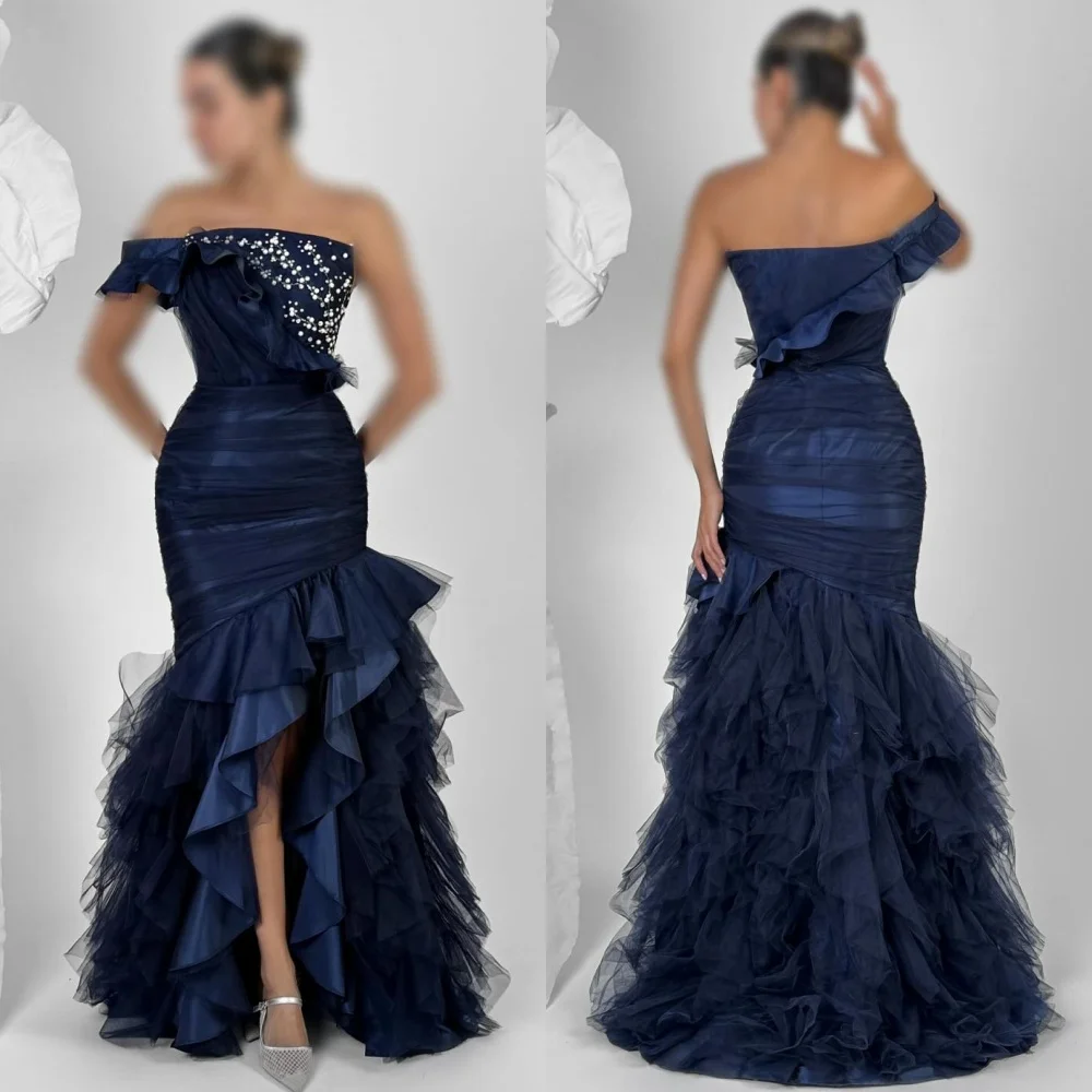

Customized High Quality Formal Tulle Beading Ruched Mermaid Strapless Long Dresses Bespoke Occasion Dresses Intricate Fashion