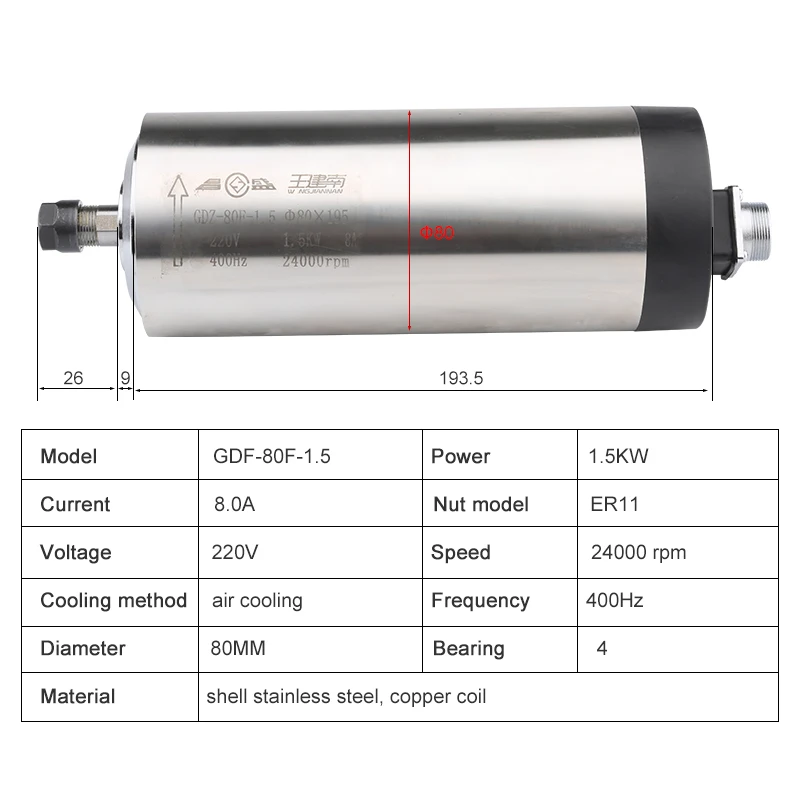 Maszyna do grawerowania Spindle1.5Kw chłodzony wodą uchwyt Er11 o średnicy 65mm używany do grawerowanie drewna