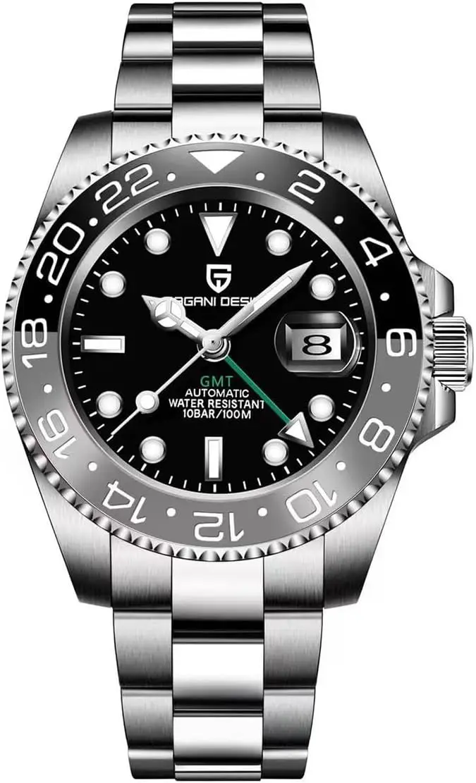 GMT Automatic Mechanical Men's Watch with Rotating Ceramic Bezel, Stainless Steel, Date Function