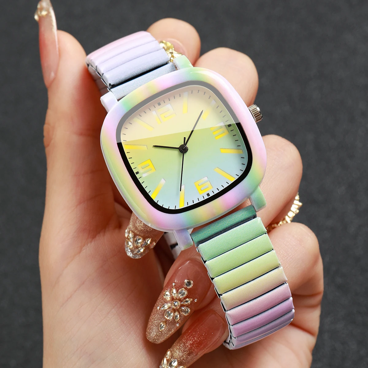 Modische Regenbogen-Böses-Auge-Quadrat-Damenuhr mit buntem elastischem Armband, Damen-Armbanduhren Relogio Feminino (ohne Box) – Detail 7