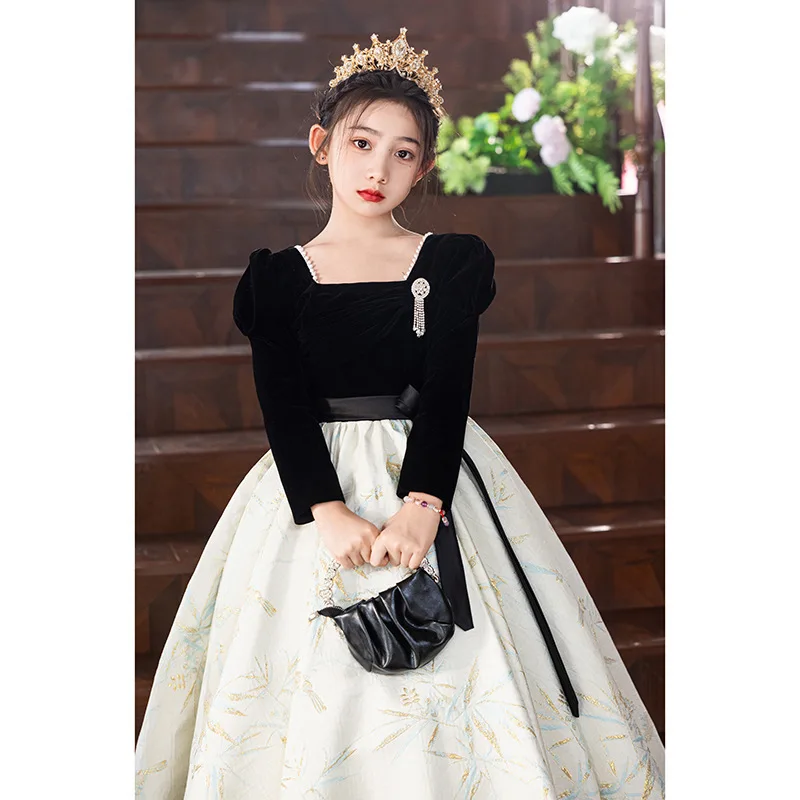 Girls Evening Dress Light Luxury Minority High-End Children's Host High-Grade Piano Playing Princess Dress Long Sleeve Older Chi