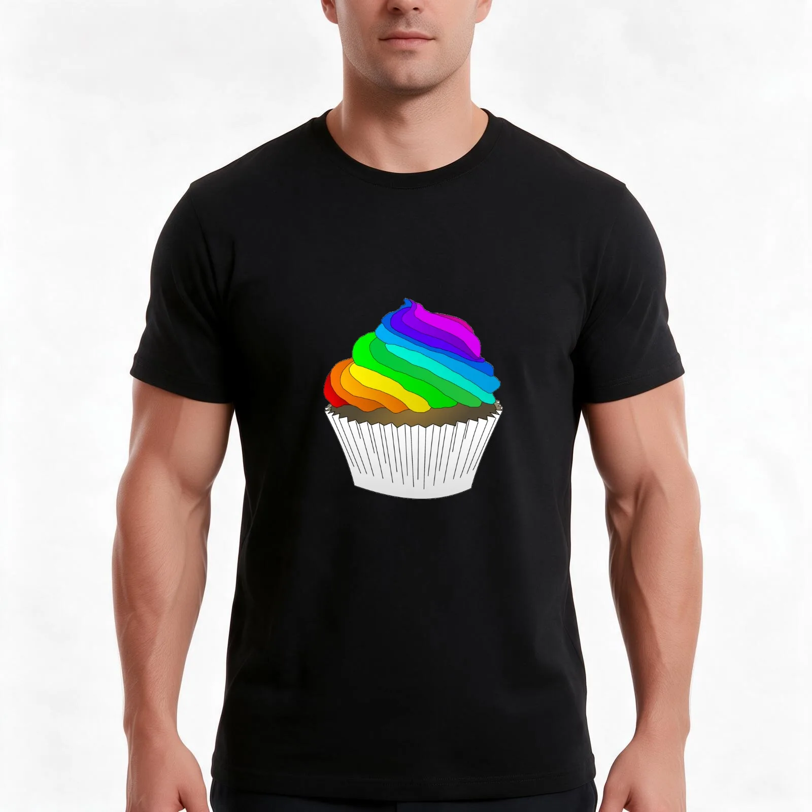 Rainbow cupcake T-Shirt, Summer Casual Cotton Tee, Oversized Streetwear Tops, Vintage Graphic Print, Loose Fit Short Sleeve