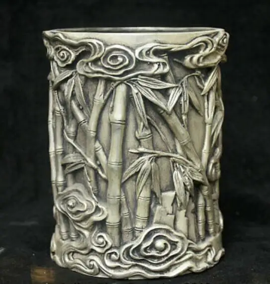

5" Qianlong Marked Old China Silver Dynasty Palace Bamboo Brush Pot Pencil Vase