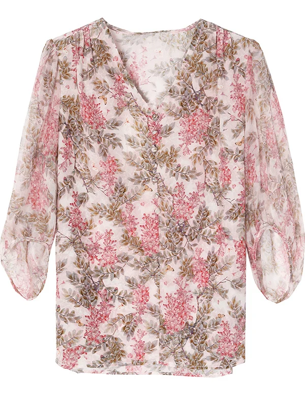 قميص شيفون مطبوع عليه زهور موضة نسائية صيفية جديدة برقبة على شكل حرف v وأكمام قصيرة بلوزة جميلة على الطراز الكوري فضفاضة ومطبوعة #2