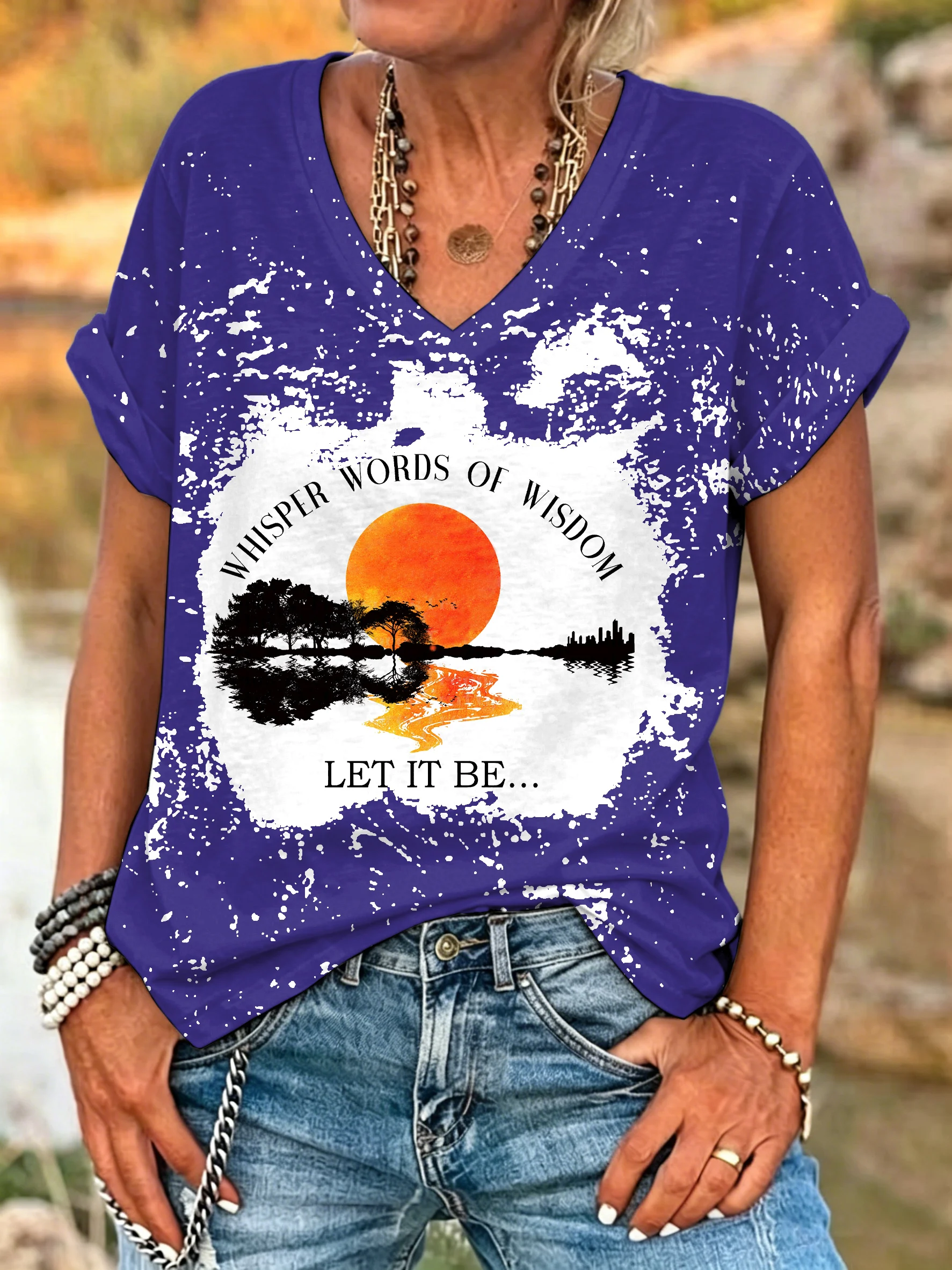 ilstile Women's Let It Be Sunset Lake Landscape Bleached T-Shirt Hippie Quote Print V-Neck Short Sleeve Loose Casual Summer Top