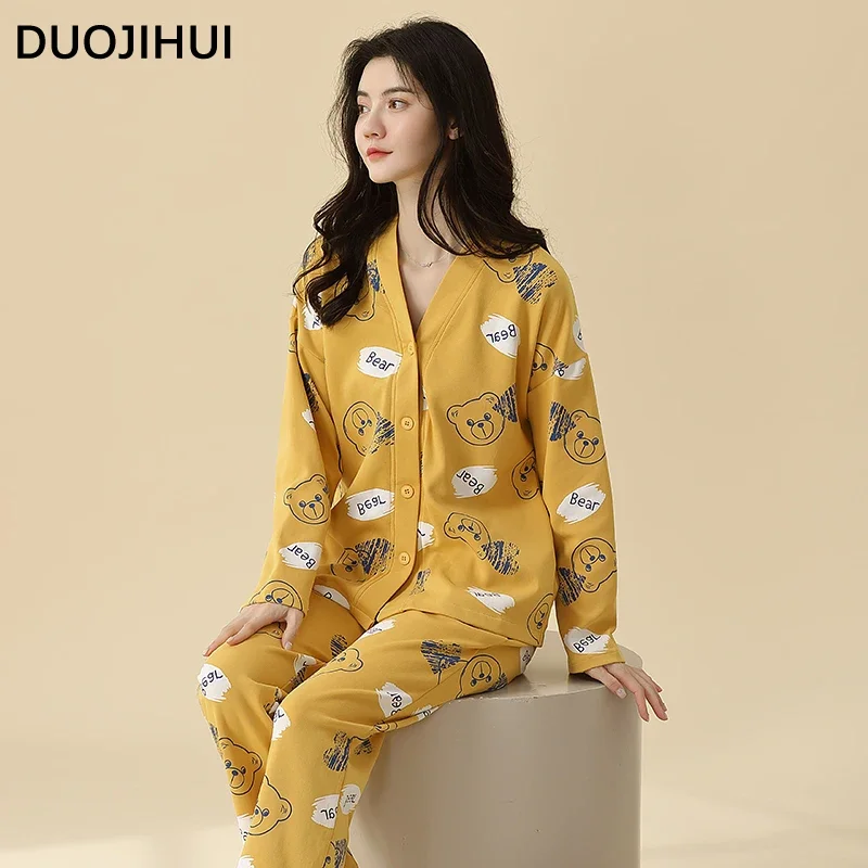 DUOJIHUI Two Piece Autumn Loose Soft Female Pajamas Set Chic V-neck Cardigan Basic Simple Pant Fashion Printed Pajamas for Women