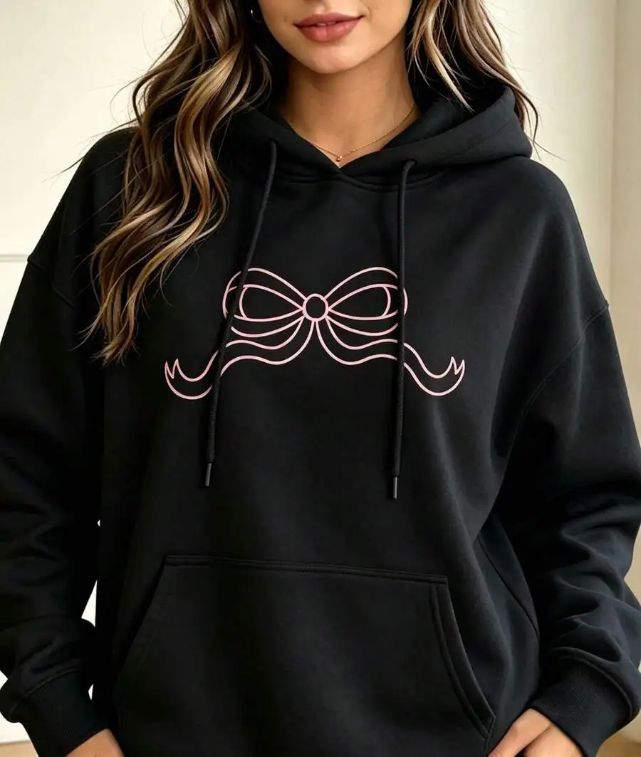 Women's Simple Bow Embroidery Graphic Crewneck Hoodie, Minimalist Cute Ribbon Stitch Print Casual Pullover Top, Local Teacher Thanksgiving Outfit