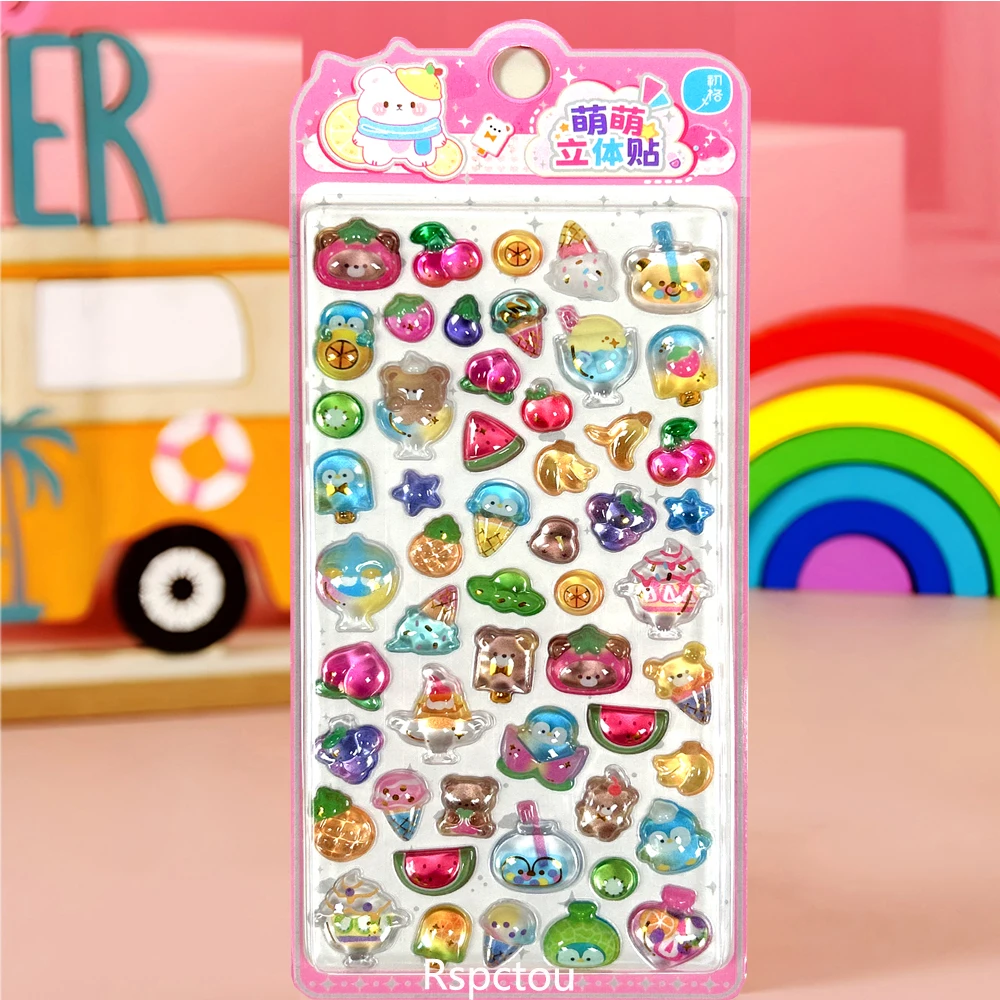 4pcs Kawaii Animal Fruits Three-dimensional Relief Stickers Cute Cartoon 3D Crystal Sticker Scrapbook Guitar Phone Reward Decals