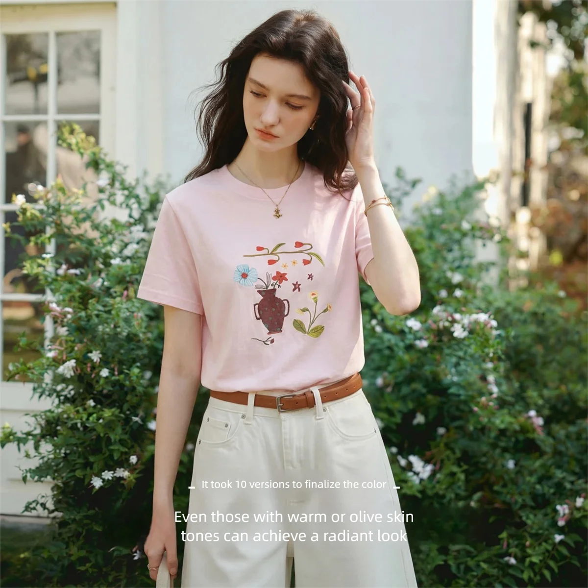 OLrain Pink Casual Retro 100% Cotton Short Sleeve Tee 2026 Summer Fashion Hand Drawn Print Loose Top Women Clothing O58XT006266