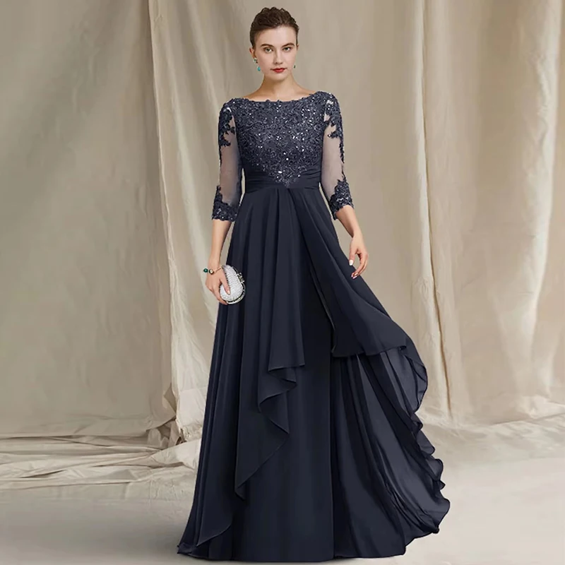 Mother of the Bride Dress for wedding with 3/4 Sheer Lace Sleeves and Sparkling Sequin Embroidered Bodice Flowing Chiffon Skirt