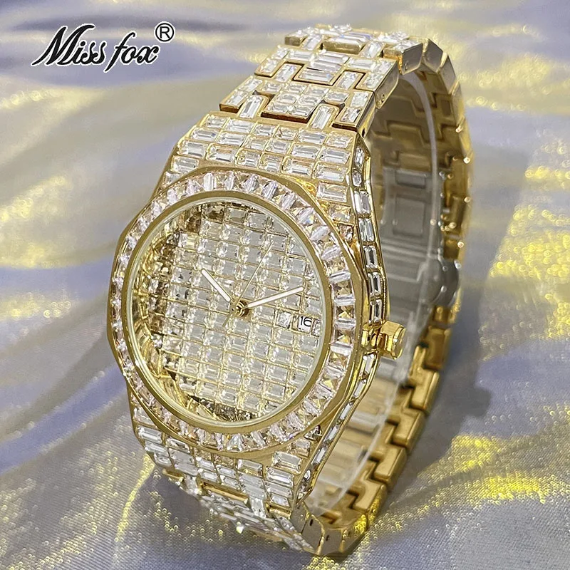 Hip Hop Iced Out Watches Men Luxury Automatic Date Quartz Clock Fashion Square Diamond Bling Jewelry Wristwatch Man Dropshipping