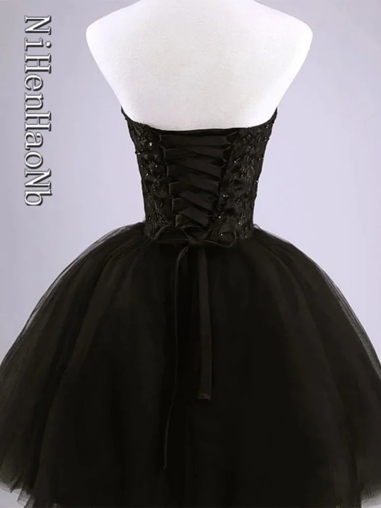 Neuankömmling elegante Frauen kurzes Ballkleid schwarz schnüren Prinzessin Schatz Mode Frauen schwarz