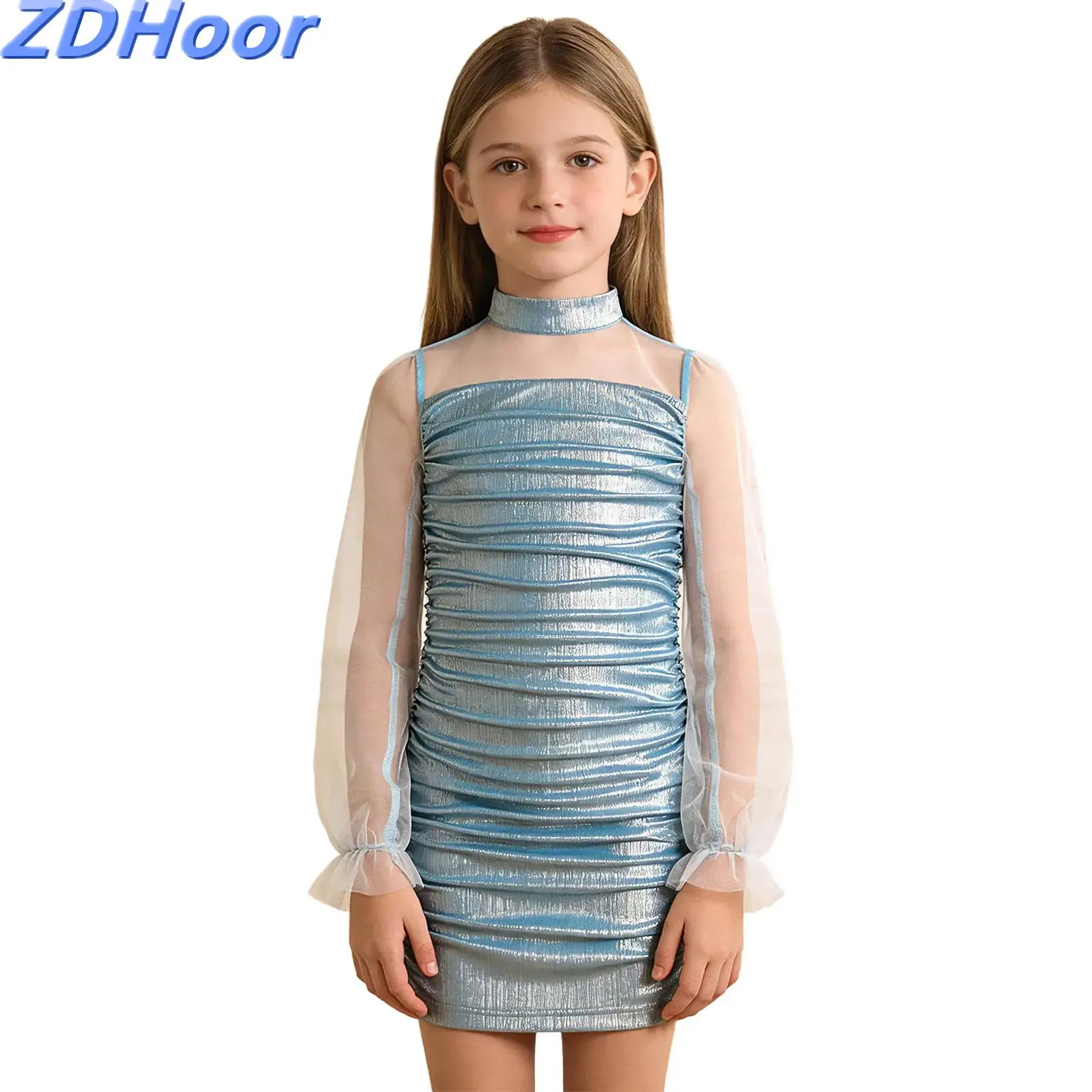 

Kids Girls Ruched Metallic Party Dress Sheer Mesh Patchwork Long Sleeves Mock Neck Dress for Dance Party Photography
