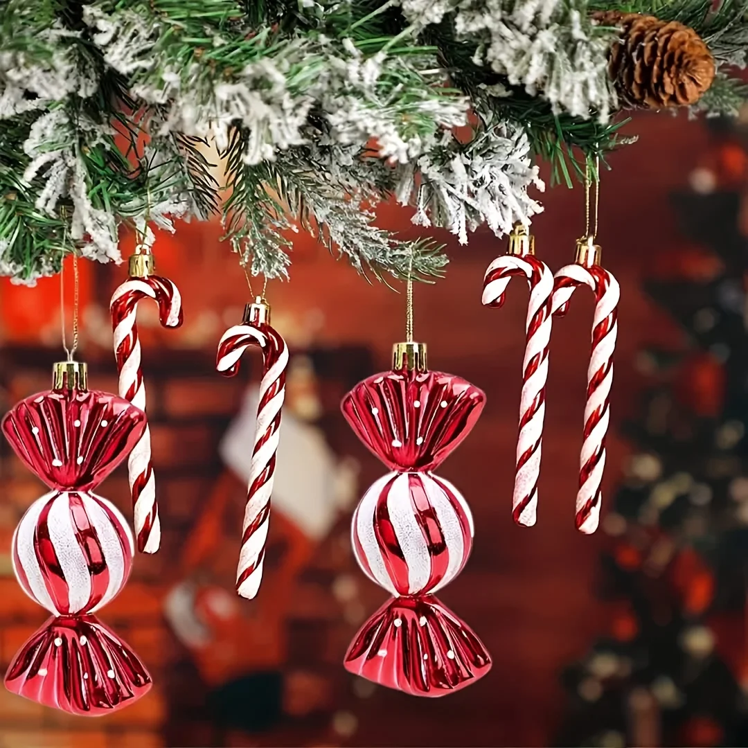 12pcs, Decorative Hanging Ornaments Christmas Candy Canes Décor，Christmas Accessories,  Adorable  Embellishments Home Accents