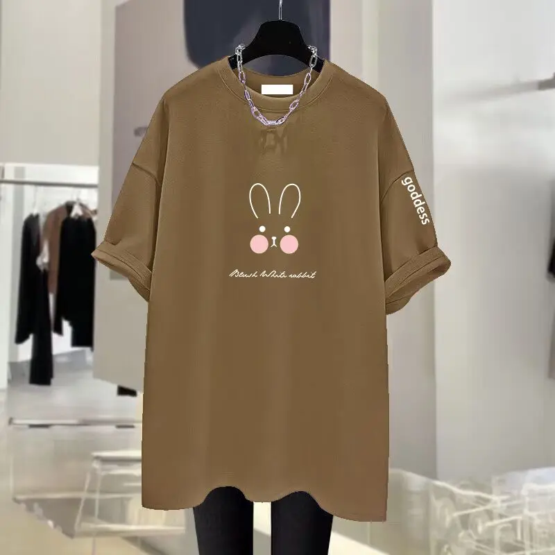 Women Clothing Cartoon Printing Cotton Basic T-shirts Summer Casual Loose O-neck Short Sleeve Tees Kawaii Rabbit Expression Top