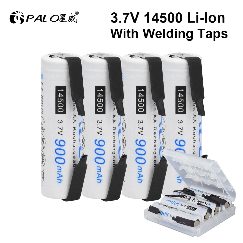 PALO 900mAh 3.7V14500  Li-ion Rechargeable Batteries With Welding Taps AA Battery Lithium Ion Cell for Led Flashlight Headlamps