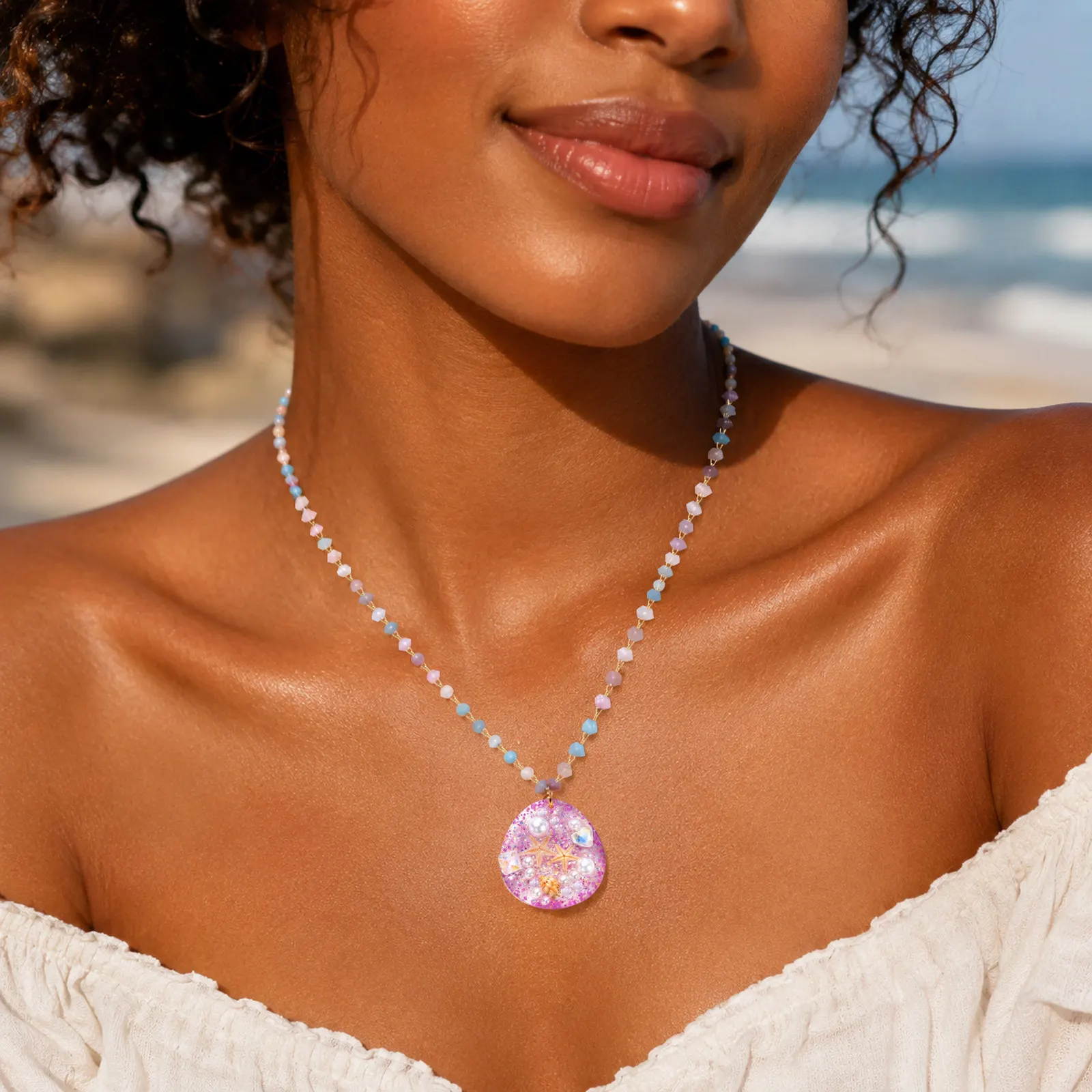 Starfish Seashell Pendant Necklace for Women, Pearl Resin Ocean Charm, Colorful Beaded Beach Summer Jewelry