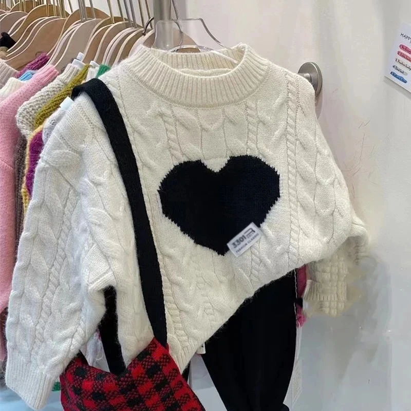 Korean Version Of Little Girl\'s Trendy And Thickened Love Knit Sweater 2023 New Girls Autumn And Winter Pullover Knitted Top