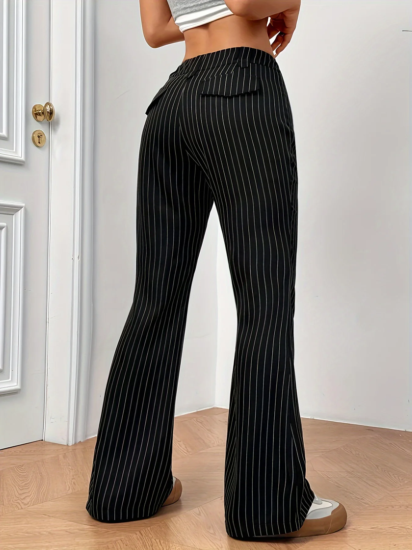 2025 new high waisted women's striped color blocked slim fit micro flared pants personalized and versatile, slimming pants