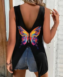 Sexy Elegant Camis Vest Butterfly Print V-Neck Tank Top New Fashion 2024 Summer Casual T-Shirt Pullover Tops Female Clothing