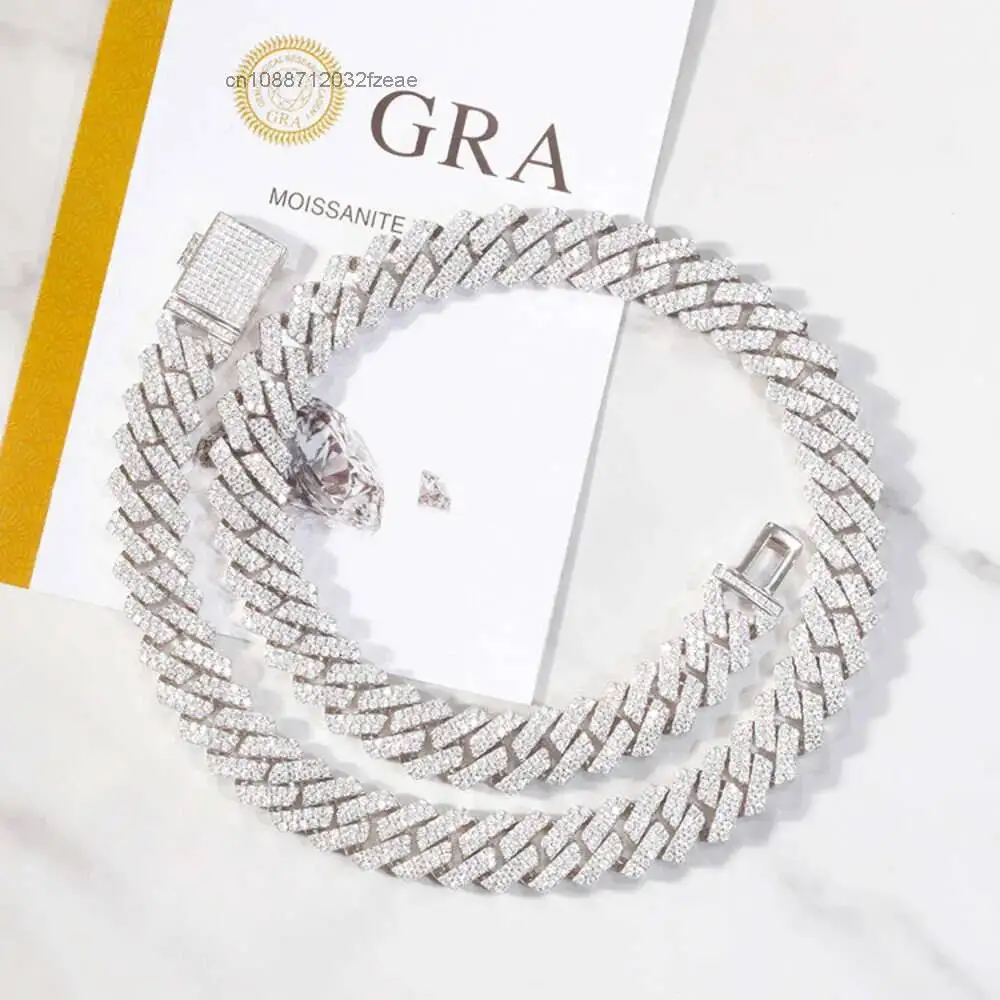 Luxury 2rows Cuban Link Chain 15mm Width S925 Sterling Silver with d Color Vvs Moissanite Heavy Cuban Necklace.